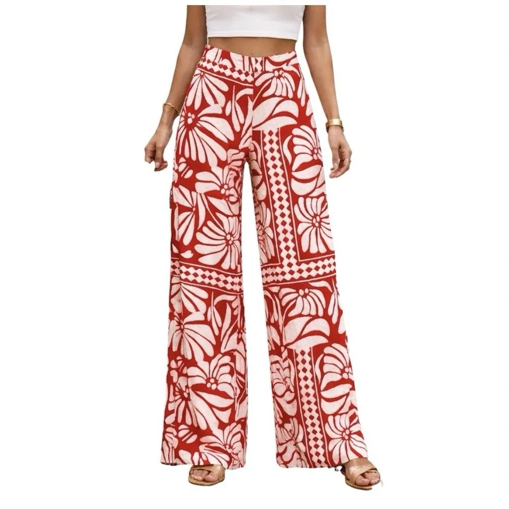 H&M Tropical Wide Leg Pants Sz 4 Boho Retro Floral Linen Blend Resort Vacation